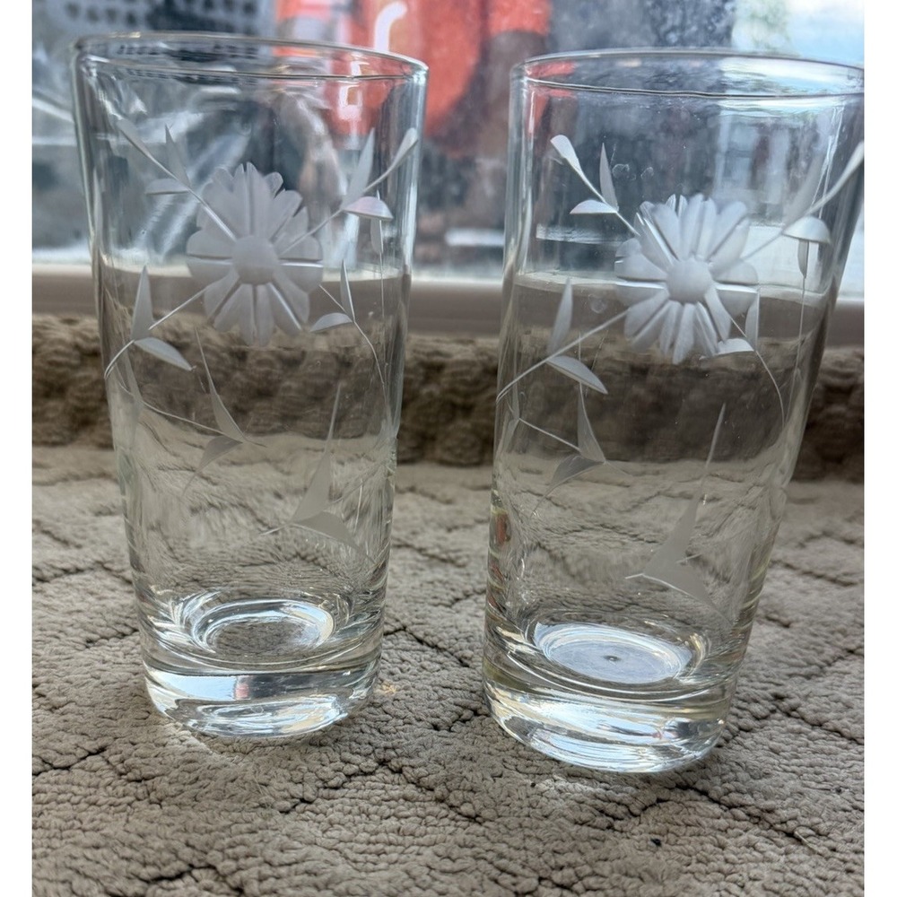 Vintage Mid-Century Etched Floral Highball Glasses, Set of 2